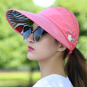 Wide Brim Sun Visor Foldable Picnic Hat Beach UV Protection Scallop Cap For Outdoor With Faux Pearl & Flower; Women's Hat & Caps (Color: 6# Watermelon Red)